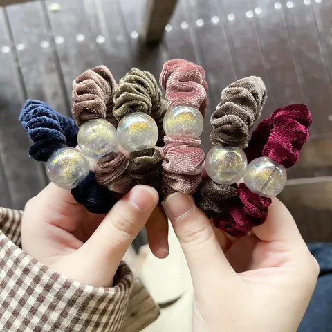 Velvet Hair Scrunchies For Women Fashion Pleated Elastic Hair Ropes With Sparkling Bead Daily Ponytail Holder Hair Accessories
