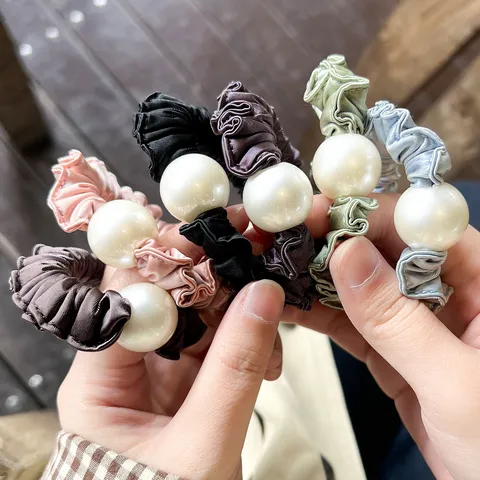Satin Pearl Hair Scrunchie Elegant Pleated Elastic Hair Tie Ponytail Holder Fashion Hair Accessories For Women