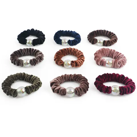 Velvet Hair Scrunchies For Women Fashion Pleated Elastic Hair Ropes With Sparkling Bead Daily Ponytail Holder Hair Accessories