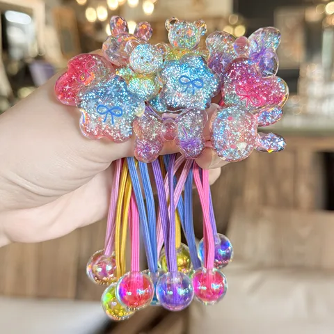 Children Hair Accessories Glitter Cartoon Resin Heart Bow Rabbit Hair Ties Cute Elastic Ponytail Holders Daily Hair Ropes