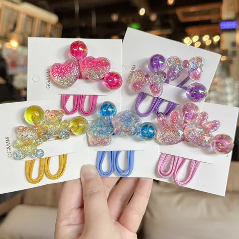 Children Hair Accessories Glitter Cartoon Resin Heart Bow Rabbit Hair Ties Cute Elastic Ponytail Holders Daily Hair Ropes