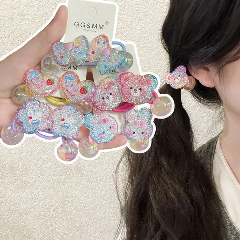 Kids Cute Glitter Hair Ties Cartoon Acrylic Rabbit Bear Flower Bow Hair Accessories Girls Ponytail Holder Hair Ropes Gift