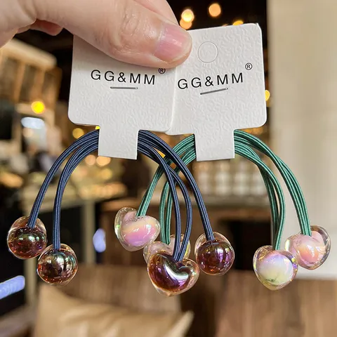 Koreaans Stijl Acryl Hart Kralen Haargummis Schattige Dubbele Hoofd Elastische Haartouwen Voor Kinderen Meisjes Dagelijkse Haaraccessoires