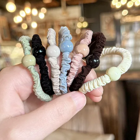 Minimalist Fabric Pleated Hair Scrunchie With Pearl Bead Accent Elastic Hair Tie Cute Hair Accessories For Women
