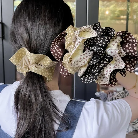 Satin Heart Print Lace Trim Scrunchies Elastic Hair Ropes Lazy Style Hair Accessories For Women Daily Styling