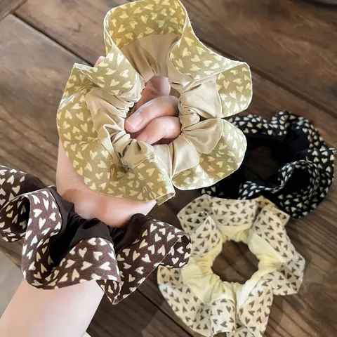Satin Heart Print Lace Trim Scrunchies Elastic Hair Ropes Lazy Style Hair Accessories For Women Daily Styling