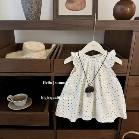 Girls Sweet Polka Dot Flutter Sleeve Princess Dress Kids Cotton Sleeveless Round Neck A-line Sundress For New Year Holiday