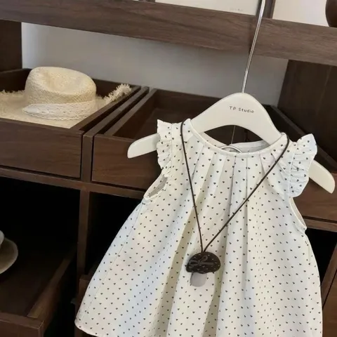 Robe Princesse Douce à Pois et Manches Volantées pour Filles Robe Sans Manches Ligne A en Coton Col Rond pour Nouvel An
