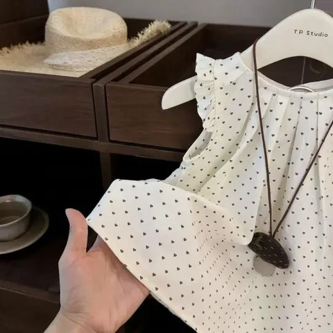 Robe Princesse Douce à Pois et Manches Volantées pour Filles Robe Sans Manches Ligne A en Coton Col Rond pour Nouvel An