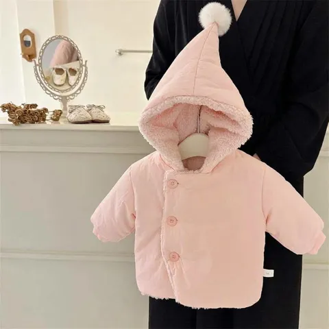 Girls Winter Padded Jacket Loose Solid Color Fleece Lined Thickened Hooded Pom-Pom Outwear Coat For Kids Warm Outerwear Top