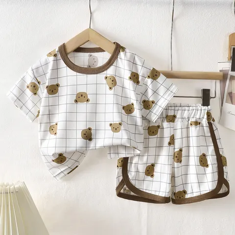 Pijama Casual de Fibra de Acetato a Cuadros para Niños Conjunto Oso de Dibujos Animados Estampado Manga Corta Top And Bottom Ropa de Dormir Verano