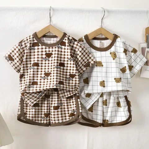 Pijama Casual de Fibra de Acetato a Cuadros para Niños Conjunto Oso de Dibujos Animados Estampado Manga Corta Top And Bottom Ropa de Dormir Verano
