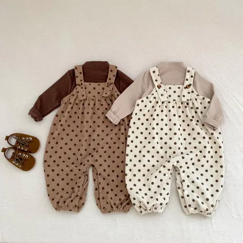 Cute Infant Boys Girls Polka Dot Suspender Pants Long Sleeve Undershirt Jumpsuit Overall Casual Autumn Outfits Baby Clothes