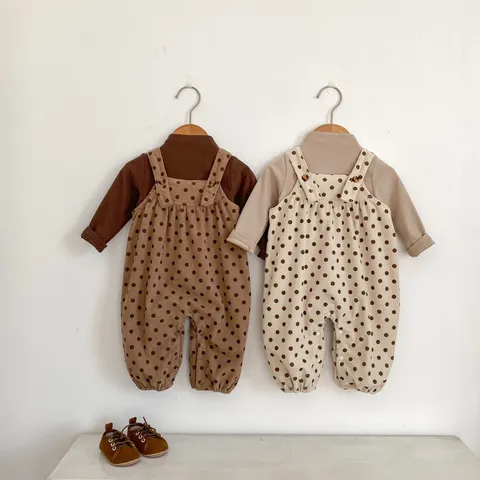 Cute Infant Boys Girls Polka Dot Suspender Pants Long Sleeve Undershirt Jumpsuit Overall Casual Autumn Outfits Baby Clothes