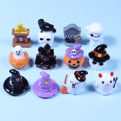 Halloween Micro Landscape Resin Ornaments Mini Pumpkin Ghost Skull Castle Tombstone Miniature Figurines For Festive Home Party Table Decor Craft