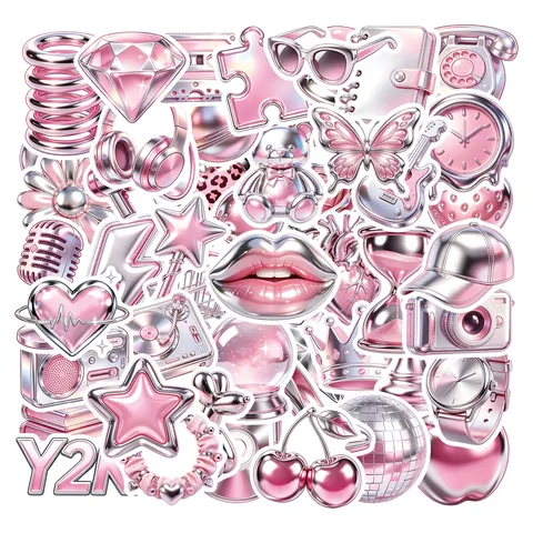 Y2K Rosa Metallico Graffiti Adesivi Set Impermeabile Vinile Estetico Decalcomanie Per Bottiglia d'Acqua Diario Laptop DIY