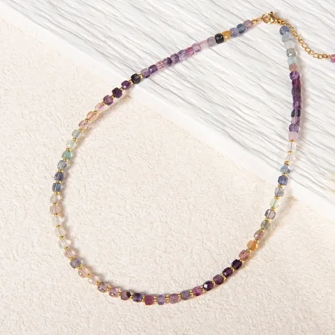 American Fashion Natural Stone Fluorite Cube Choker Necklace Luxury Real Gold Plated Copper Geometric Beaded Pendant Necklace For Unisex