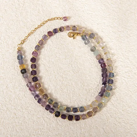 American Fashion Natural Stone Fluorite Cube Choker Necklace Luxury Real Gold Plated Copper Geometric Beaded Pendant Necklace For Unisex
