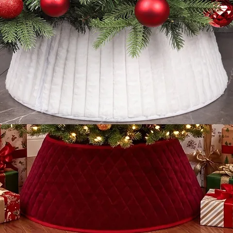 Jupe Col de Sapin de Noël Pliable Carreaux Tricot Velours Fausse Fourrure Housse de Base Décoration de Fête de Maison