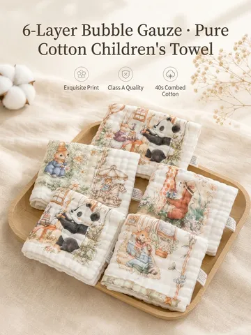 Baby Pure Cotton Gauze Saliva Towel Cute Cartoon Animal Print Six Layer Bubble Gauze Washcloth Super Absorbent Kids Face Towel