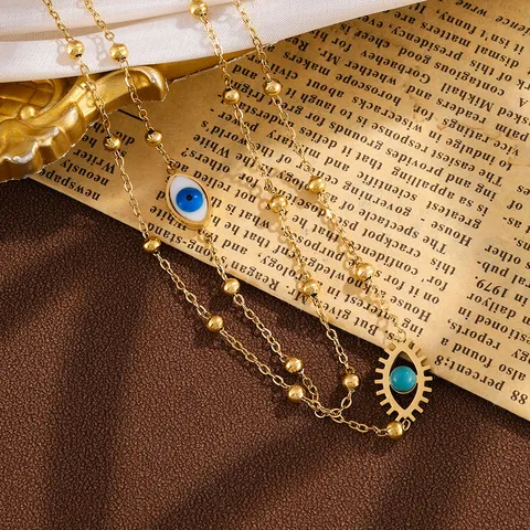 Dubbele Halsketting Van 18K Verguld Roestvrij Staal Met Boze Oog En Mini Turquoise Hanger Ketting Sieraden Voor Dames