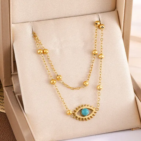 Dubbele Halsketting Van 18K Verguld Roestvrij Staal Met Boze Oog En Mini Turquoise Hanger Ketting Sieraden Voor Dames
