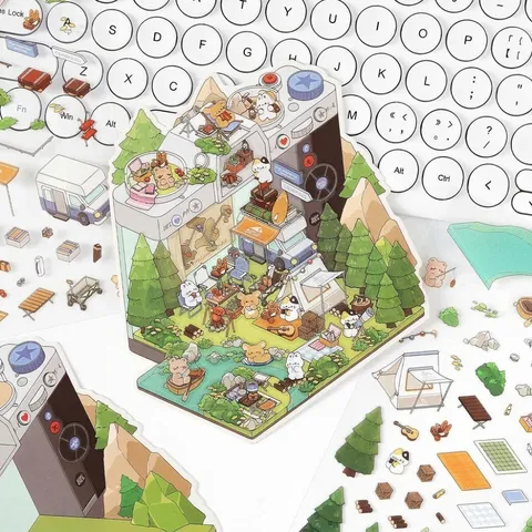 Mignons Autocollants de Scène de Bricolage en Miniature d'Animaux de Dessin Animé en PET Imperméable pour Scrapbooking