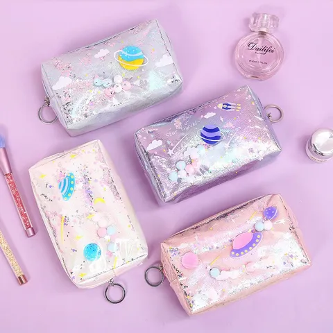 Holografisches Treibsand Federmäppchen Wasserdichte Laser PU Make-up Tasche Sternenhimmel Planet Schüler Schreibwaren Aufbewahrungstasche