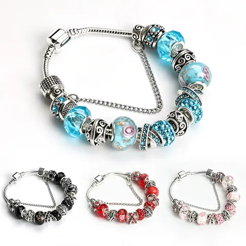 Donne Moda DIY Perle di Vetro Bracciale Ciondoli Lega Argentato Catena Serpente Strass Fiore Bracciale Gioielli Regalo