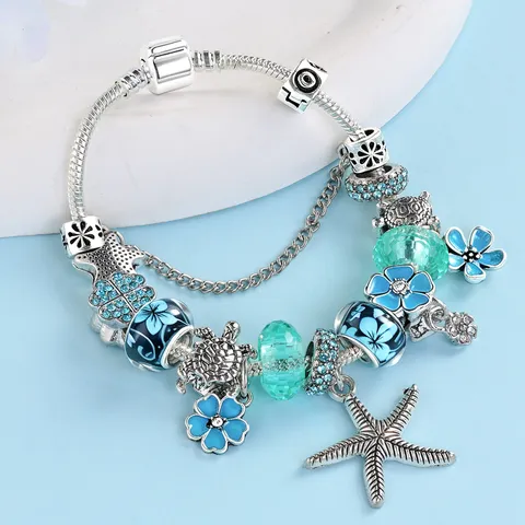 Bracciale a Catena di Serpente con Perline in Lega di Fiore Stella Marina Blu Stile Oceano Gioielli Moda Donna Vintage