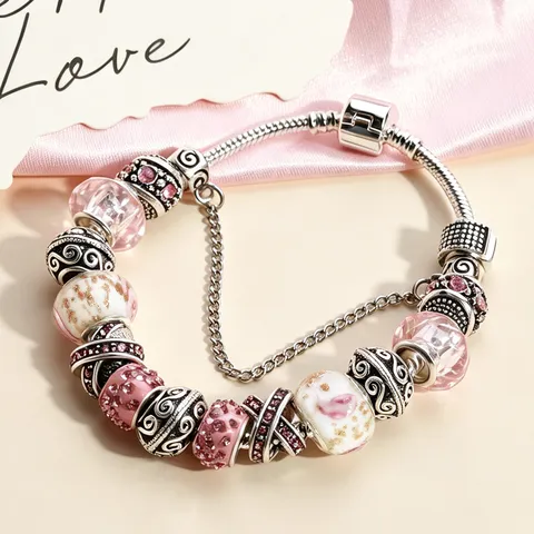 Donne Moda DIY Perle di Vetro Bracciale Ciondoli Lega Argentato Catena Serpente Strass Fiore Bracciale Gioielli Regalo