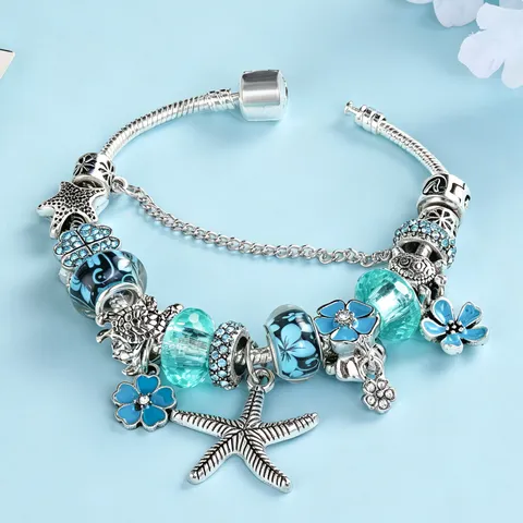 Bracciale a Catena di Serpente con Perline in Lega di Fiore Stella Marina Blu Stile Oceano Gioielli Moda Donna Vintage