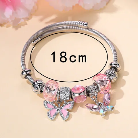 Bracciale Rigido con Farfalla in Strass da Donna Perline di Cristallo Rosa