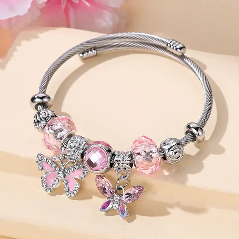 Bracciale Rigido con Farfalla in Strass da Donna Perline di Cristallo Rosa