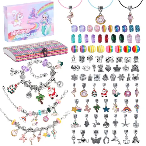 Kit per la Creazione di Bracciali in Perline DIY per Bambini Tema Sirena Perline Colorate Ciondoli in Lega Custodia Regalo Artigianato di Gioielli per Ragazze
