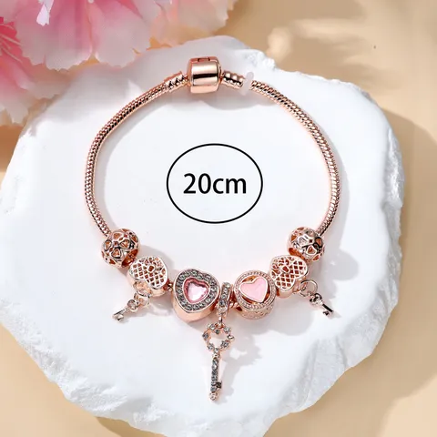 Bracciale Con Ciondoli a Catena di Serpente DIY in Lega Placcata in Oro Rosa Con Pendente a Chiave Cuore Rosa E Strass Regalo Gioielli