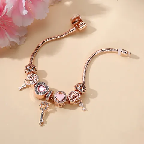 Bracciale Con Ciondoli a Catena di Serpente DIY in Lega Placcata in Oro Rosa Con Pendente a Chiave Cuore Rosa E Strass Regalo Gioielli