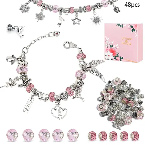 Kit per la Creazione di Bracciali con ciondoli DIY per Bambini Lega Perle di Cristallo Rosa Scatola Regalo Gioielli di Moda Fatti a Mano per Ragazze