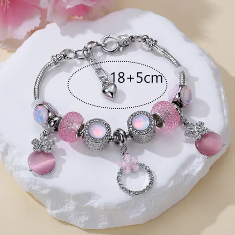 Braccialetto con Ciondoli alla Moda da Donna in Lega di Zinco Pietra Occhio di Gatto Rosa Strass Fiori Perline Gioiello Regolabile