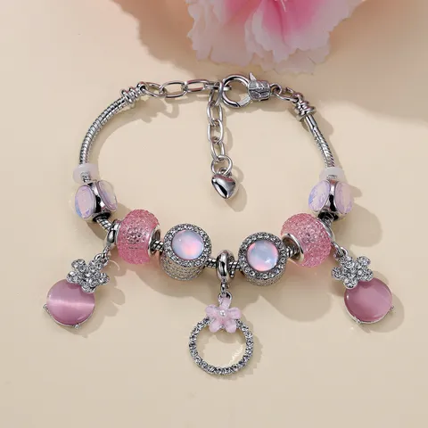 Braccialetto con Ciondoli alla Moda da Donna in Lega di Zinco Pietra Occhio di Gatto Rosa Strass Fiori Perline Gioiello Regolabile