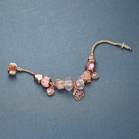 Bracciale con ciondoli a catena di serpente placcato in oro rosa da donna con perline a forma di cuore e albero della vita