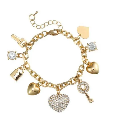 Bracciale con Ciondoli in Lega Placcata Oro Con Cuore Chiave Lucchetto E Strass Gioiello Minimalista Regalo Per Donne
