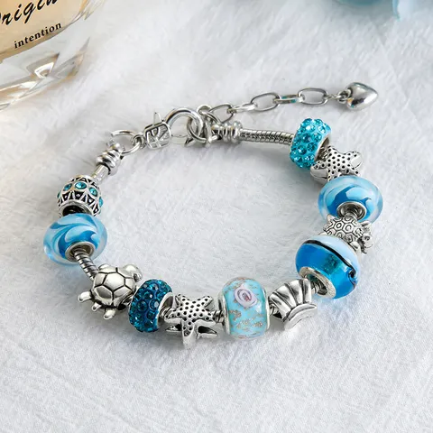 Braccialetto con Ciondoli Marini Oceanici Europei Lega Perle di Vetro Blu Stella Marina Tartaruga Strass Gioielli Donna