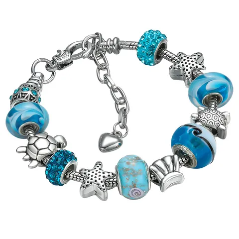 Braccialetto con Ciondoli Marini Oceanici Europei Lega Perle di Vetro Blu Stella Marina Tartaruga Strass Gioielli Donna