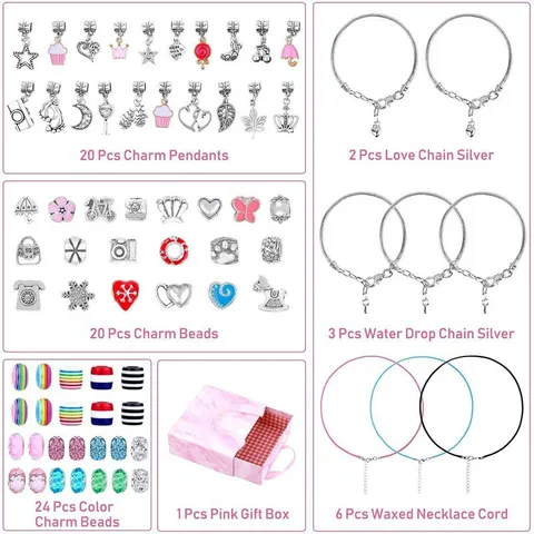 Kit per la Creazione di Bracciali di Perline DIY Ciondoli in Lega di Zinco Perline di Cristallo Con Scatola Regalo Rosa Regalo di Gioielli Per Ragazze Bambini