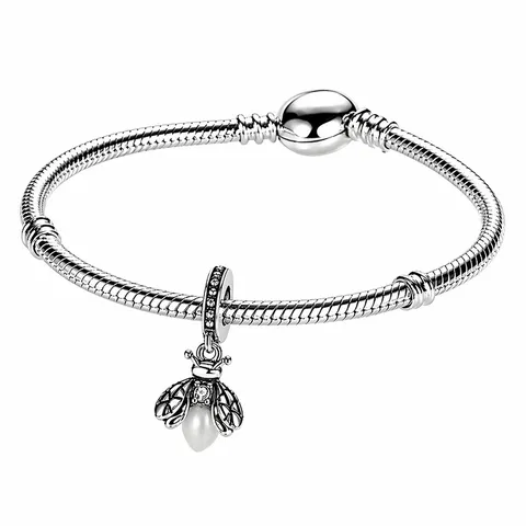 Bracciale a Catena di Serpente in Rame Placcato Argento Ciondolo DIY Gioiello Dolce Ape Perla Artificiale Strass Braccialetto Per Donne
