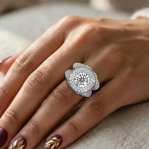 Luxury Geometric Flower Zirconia Ring For Women White Gold Plated Brass Sparkling Pave Rhinestone Finger Ring Elegant Jewelry Gift