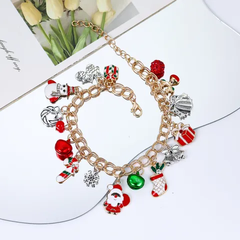 Natale Babbo Natale Fiocco di Neve Braccialetto con ciondoli Lega Placcata Oro Strass Gioiello Festivo Regalo per Donne