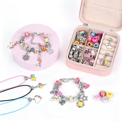 Kit per la Creazione di Braccialetti di Perle Fai da Te per Bambini Lega di Zinco Ciondoli Unicorno Colorati Scatola Regalo per Ragazze