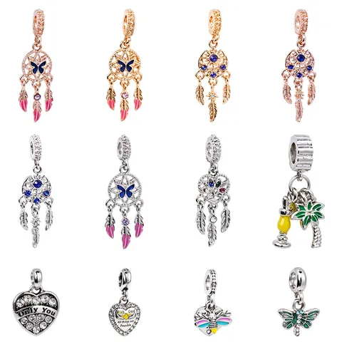 Lega Strass Acchiappasogni Piuma Farfalla Cuore Ciondoli Perline DIY Braccialetto Accessori per Gioielli